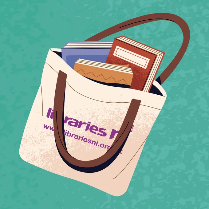 Illustration of a tote bag full of books. The tote bag has the Libraries NI logo