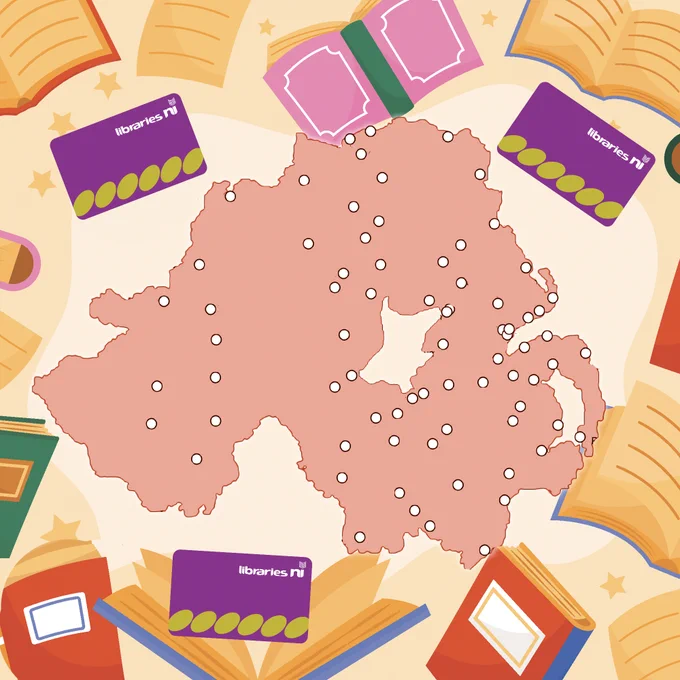 Map of Northern Ireland with the locations of libraries marked with dots. The background includes book illustrations and library cards.
