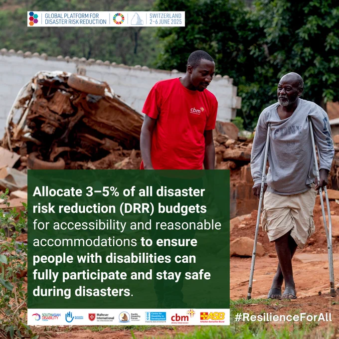 Message advocating for 3-5% budget allocation for disability accommodations in disaster management.