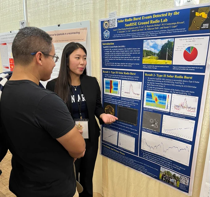 A student presents a research poster titled "Solar Radio Burst Events Detected by the SunRISE Ground Radio Lab" at a conference. The student is explaining their findings to an attendee, while referring to the poster.