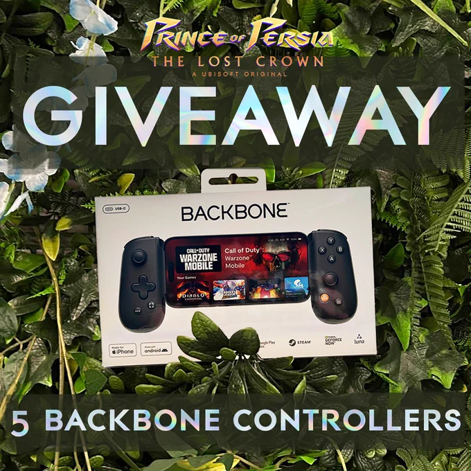 image of backbone controller on greenery background with "Prince of Persia: the Lost Crown GIVEAWAY 5 Backbone controllers written over it"