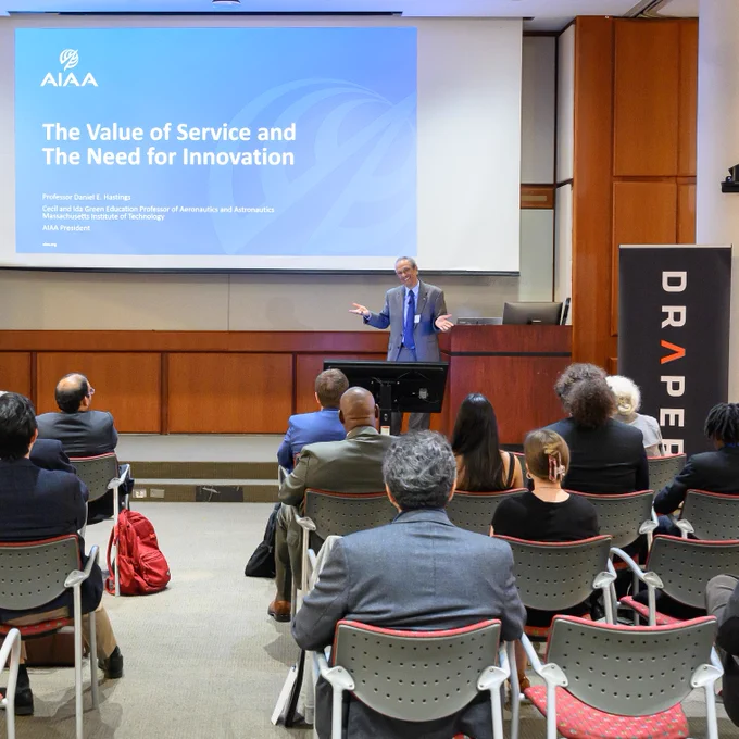 Photo of Dan Hastings speaking at AIAA New England Honors & Awards Event for 2025