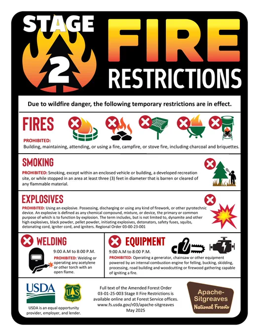 A graphic flyer announcing Stage 2 Fire Restrictions for the Apache-Sitgreaves National Forests, effective May 2025.