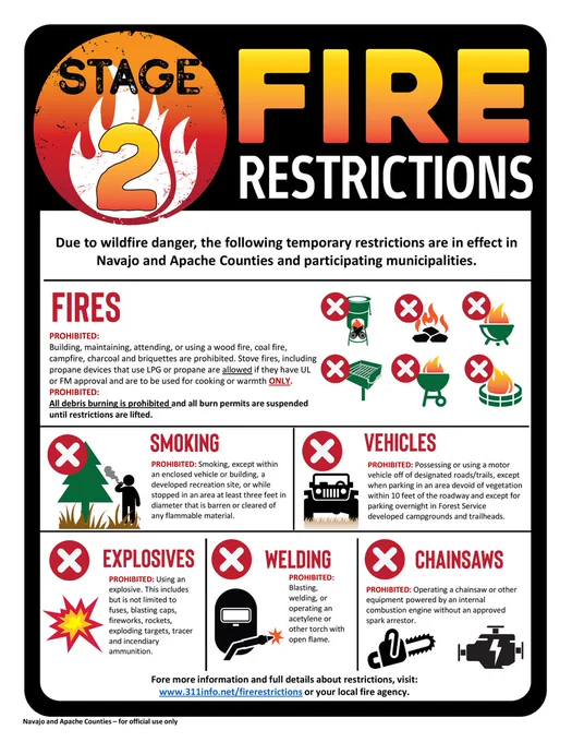 A graphic flyer announcing Stage 2 Fire Restrictions for Navajo and Apache Counties, effective May 2025.