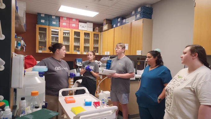 Students extracting dna: moving from the isolation step to the wash step 