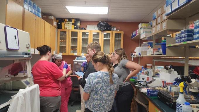 Students in the lab getting ready to put their PCR reactions into the thermalcycler 