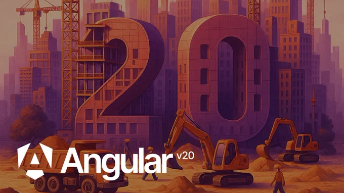 Construction site with a skyline with the number 20. In the foreground there's the Angular logo with "Angular v20" label.