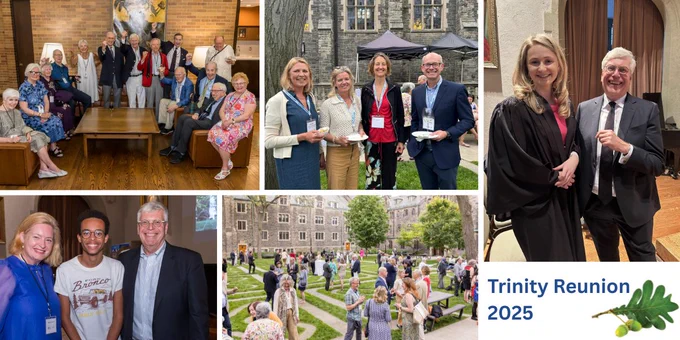 Photos from past Trinity reunions and recent college events, with Trinity Reunion 2025 graphic