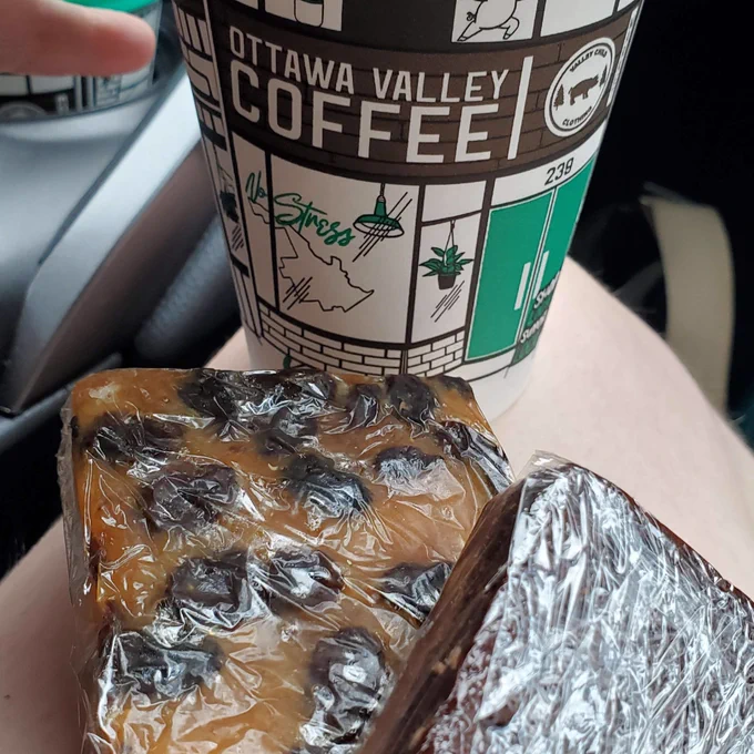 A takeout cup from Ottawa Valley Coffee with two baked treat squares.
