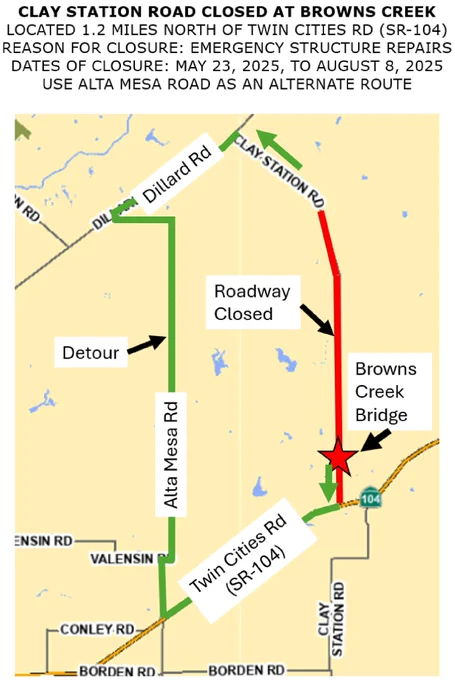 Map of detour route for Clay Station road closure.  Drivers can take Alta Mesa Road to bypass the closure.  The road is closed May 23 to August 8.
