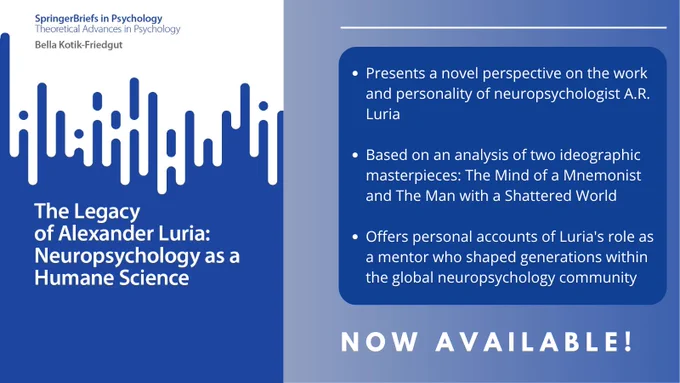 On the left is a book cover image for The Legacy of Alexander Luria: Neuropsychology as a Humane Science by Bella Kotik-Friedgut. On the right are bullet points reading "Presents a novel perspective on the work and personality of neuropsychologist A.R. Luria;
Based on an analysis of two ideographic masterpieces: The Mind of a Mnemonist and The Man with a Shattered World;
Offers personal accounts of Luria's role as a mentor who shaped generations within the global neuropsychology community." 

Below the bullet points is a header reading "Now Available!"
