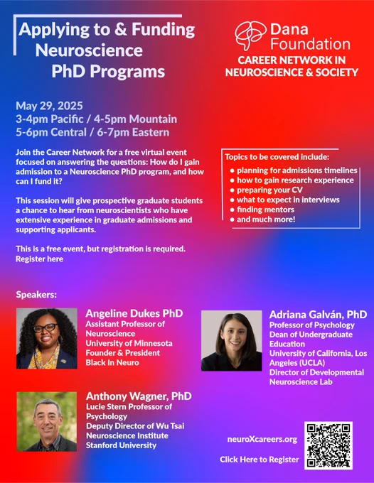 This session will give prospective graduate students ﻿a chance to hear from neuroscientists who have ﻿extensive experience in graduate admissions and ﻿supporting applicants.

Topics to be covered include:
﻿﻿• planning for admissions timelines
• how to gain research experience
• preparing your CV
• what to expect in interviews
• finding mentors
• and much more!