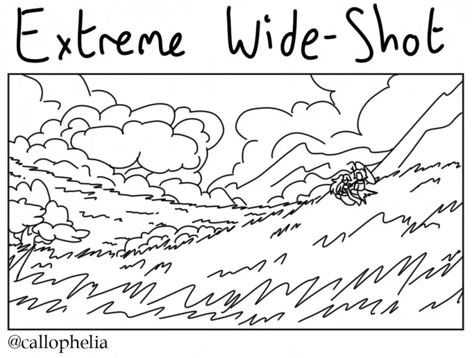 A drawing done in an extreme-wide camera shot of a hilly terrain with a giant tree, mountains, and clouds in the background, a scene taken straight from a Haikaveh drawing by @dekoi.art. Sitting on a hill, admiring the view (and by view, I mean each other), are Cassian Floros and Lucien Lunaris, carrying an umbrella.