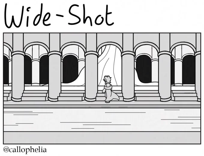 A drawing done in a wide camera shot of Karl from TFTSMP wandering through in the Inbetween. He stands in a sort of walkway with a small pool in the center and archways with stairs leading up to a sunlit courtyard. His gaze is fixed on a giant tree outside in the center of the courtyard.