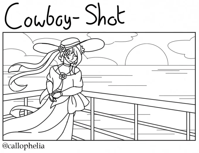 A drawing done in a cowboy (otherwise known as the knee-up) camera shot of a woman wearing a dress, shawl, sunhat, and ribbons, all decorated with flowers. She leans against a railing with the scenery behind her being that of a sunset over water.