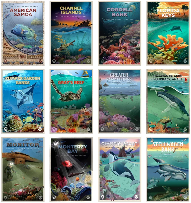 Graphic of all national marine sanctuary commemorative posters released thus far (12).