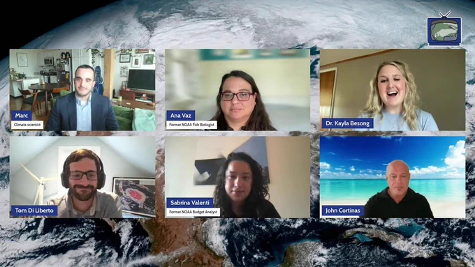 Screenshot of 6 scientists participating in Weather and Climate livestream.