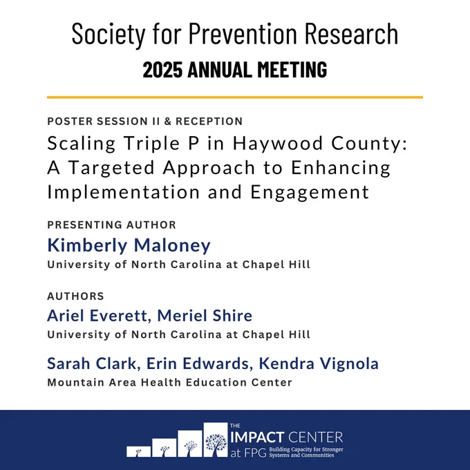 Society for Prevention Research 2025 Annual Meeting. Poster Session II & Reception. Presenting author: Kimberly Maloney; University of North Carolina at Chapel Hill.
Authors: Ariel Everett, Meriel Shire; University of North Carolina at Chapel Hill.
Sarah Clark, Erin Edwards, Kendra Vignola; Mountain Area Health Education Center.