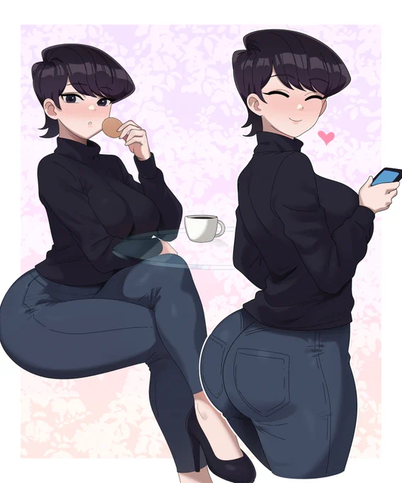 Shuuko Komi drinking coffee and cookies looking at the viewer