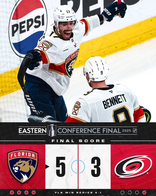 Final score: Panthers defeat Hurricanes 5-3. FLA wins series 4-1.