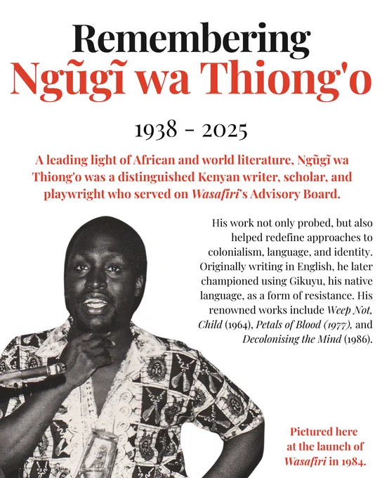 White background. Black and white photo of a Black man in a patterned short sleeve shirt. Title reads: Remembering Ngũgĩ wa Thiong'o