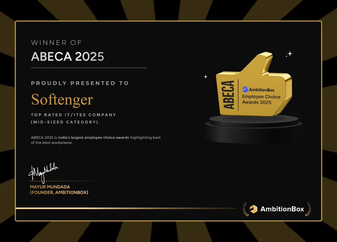 This award is extra special because it comes directly from the voices that matter most—our employees.
We’ve been honoured under the “𝗧𝗼𝗽 𝗥𝗮𝘁𝗲𝗱 𝗜𝗧/𝗜𝗧𝗘𝗦 𝗖𝗼𝗺𝗽𝗮𝗻𝗶𝗲𝘀” category. At Softenger, our people are our greatest strength. This recognition reflects our ongoing commitment to creating a workplace where every individual feels valued, heard, and empowered to reach their full potential and thrive. 