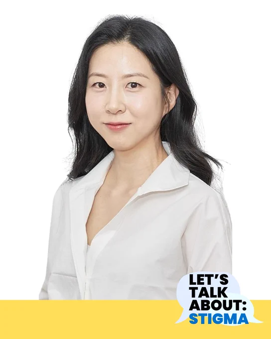A professional headshot of Hohee with a yellow banner across the bottom that reads 'Let's talk about: stigma'. 