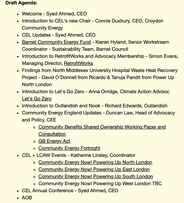 Agenda for Community Energy London monthly meeting taking place online tonight
