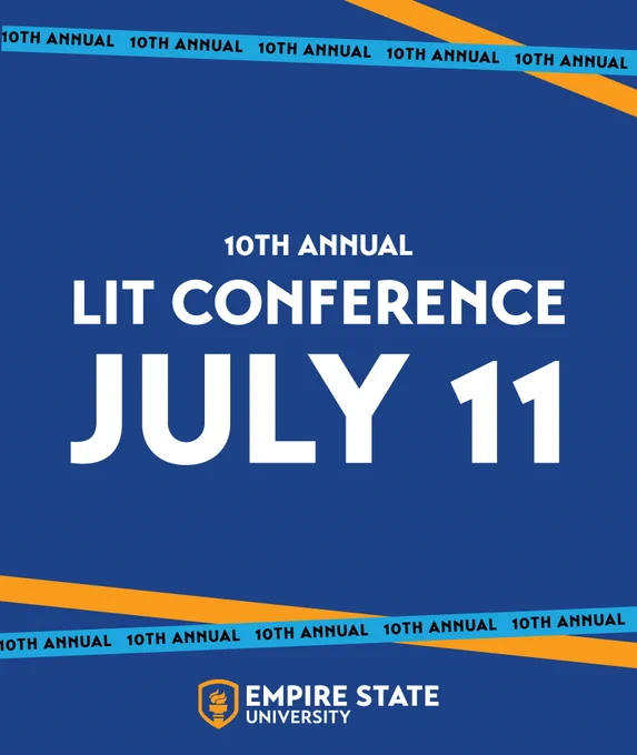 A dark blue background with the text Annual LIT Conference July 11 with light blue and orange banners running across the image with the text 10th Annual repeating.