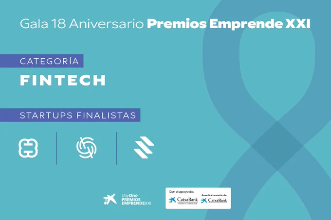Imagen destacando la categoría Fintech en los Premios Especiales EmprendeXXI, con el apoyo de Caixabank Payment & Consumer y CaixaBank Innovación. Se presentan los finalistas: GuardedBox, Roiward y Skor. La publicación resalta la importancia de la innovación financiera en el ecosistema emprendedor. Menciones a Enisa y @CABK_Connect como impulsores del certamen.
