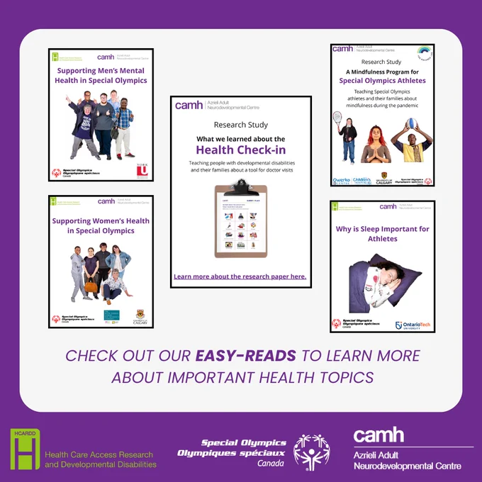 A flyer white and purple post promoting easy-reads. The poster has 5 title pages of the easy reads at the top with the text on the bottom that reads "Check out our easy-reads to learn more about important health topics". 