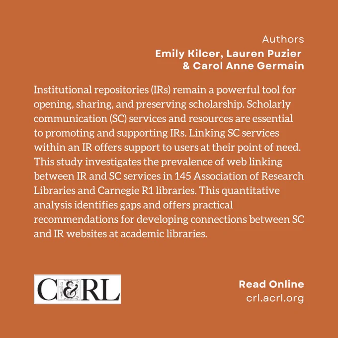 Authors. Emily Kilcer, Lauren Puzier 
& Carol Anne Germain. Institutional repositories (IRs) remain a powerful tool for opening, sharing, and preserving scholarship. Scholarly communication (SC) services and resources are essential to promoting and supporting IRs. Linking SC services within an IR offers support to users at their point of need. This study investigates the prevalence of web linking between IR and SC services in 145 Association of Research Libraries and Carnegie R1 libraries. This quantitative analysis identifies gaps and offers practical recommendations for developing connections between SC and IR websites at academic libraries.