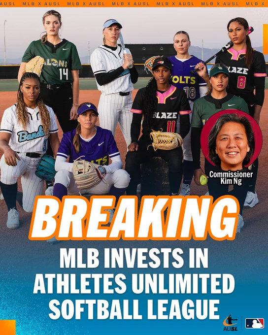 BREAKING: MLB Invests in Athletes Unlimited Softball League
Pictured: AUSL players pose on a softball field in their respective uniforms. A photo of AUSL Commissioner Kim Ng is encircled on the right side. 