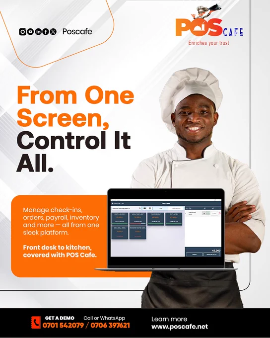 Simplify your business operations with POSCAFE! ✨ POSCAFE manages everything from check-ins, orders, payroll, inventory, and more, seamlessly, all from a single screen. 🖥️ Control your entire operation of your restaurant, hotel, cafe, and more.

Book your free demo!  
📞0701 542079 / 0706 397621. 
Visit www.poscafe.net 

#POSCAFE #BusinesSoftware #NugsoftSoftware #Software