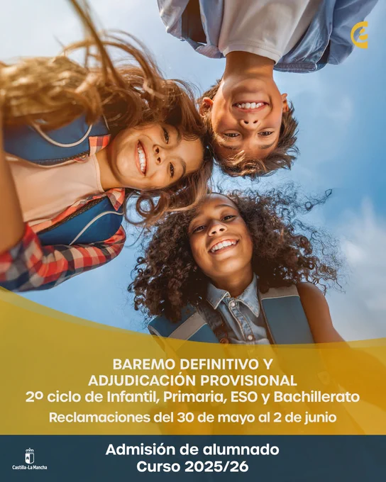 Publicada la adjudicación provisional y el baremo definitivo del proceso de #AdmisiónAlumnado 2025-2026 (Infantil 2º ciclo, Primaria, ESO y Bachillerato)
