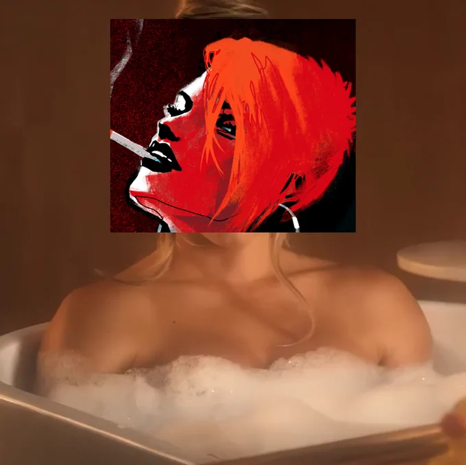 A picture of Xenia Titanin'f face over Sydney Sweeney's while she's in the bath