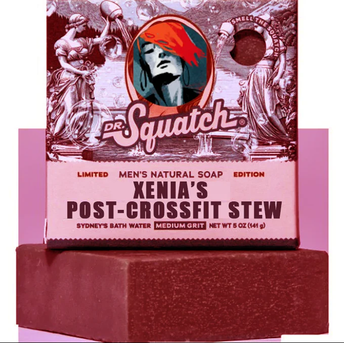 The Sydney Sweeney Bathwater Dr. Squatch Soap with Xenia Titanin face and newly labeled "Xenia's Post-Crossfit Stew"