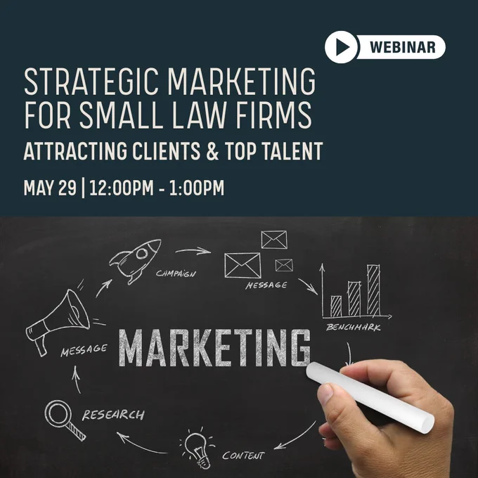 Promotional graphic for a webinar titled "Strategic Marketing for Small Law Firms," focusing on attracting clients and top talent, scheduled for May 29 from 12:00 PM to 1:00 PM. The image features a chalkboard background with marketing-related sketches and text.