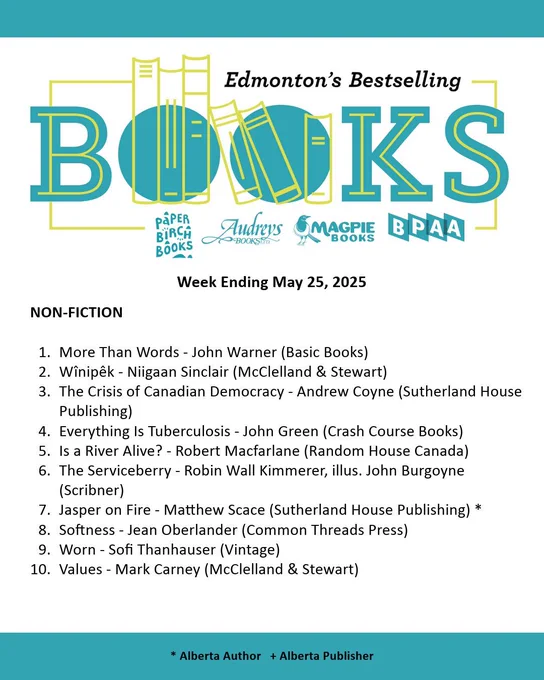 Edmonton Bestseller List for the week ending May 18, 2025. A PDF of the list can be found on our website through the following URL: http://bookpublishers.ab.ca/programs/edmonton-bestseller-list/