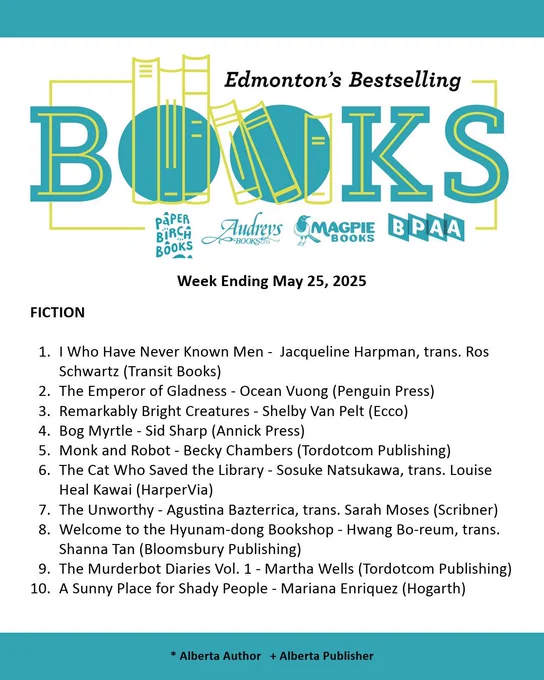 Edmonton Bestseller List for the week ending May 18, 2025. A PDF of the list can be found on our website through the following URL: http://bookpublishers.ab.ca/programs/edmonton-bestseller-list/