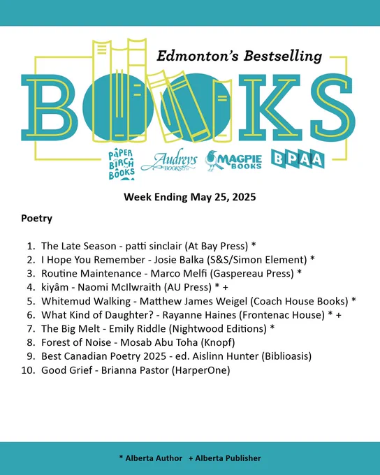 Edmonton Bestseller List for the week ending May 18, 2025. A PDF of the list can be found on our website through the following URL: http://bookpublishers.ab.ca/programs/edmonton-bestseller-list/