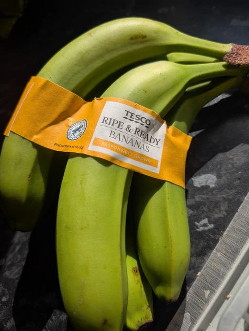 "Ripe and ready" Tesco bananas with a clearly green and unripe skin