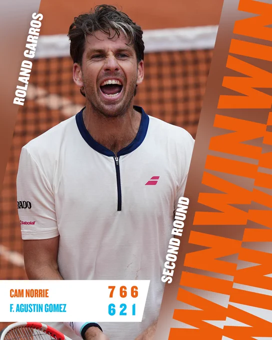 Graphic confirming Cam Norrie's win in the second round at Roland Garros 