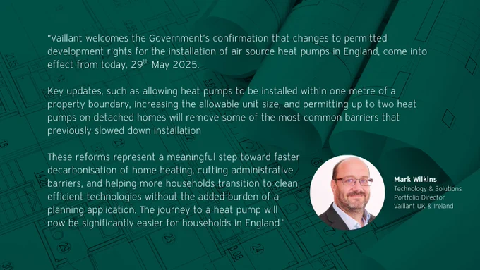  Quote from Mark Wilkins discussing new UK air source heat pump regulations, emphasizing reduced barriers for household installations.