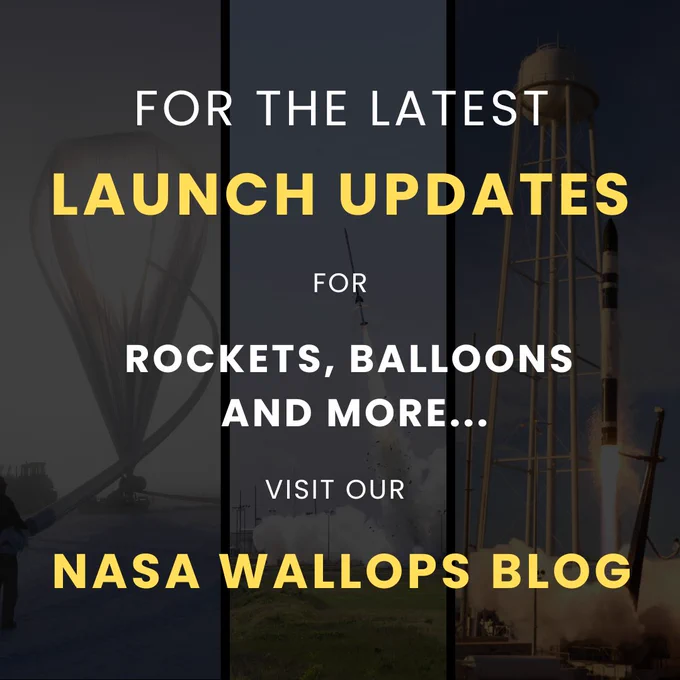 Graphic with text: For the latest launch updates for rockets, balloons, and more. Visit our NASA Wallops blog.

Behind the text faded out is a scientific balloon, a sounding rocket launching and an Electron rocket launching.