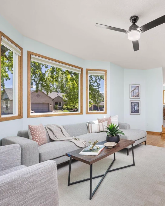 Bright, modern living room with large windows, a gray sectional sofa, a wooden coffee table, and decorative plants. Light blue walls complement the scene, and a ceiling fan is installed overhead.