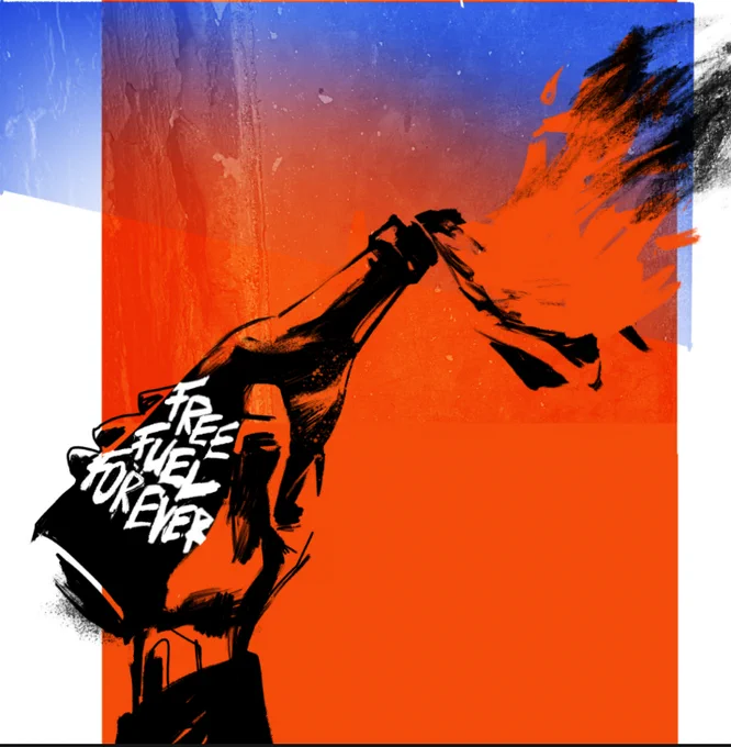 An image of a hand holding a lit Molotov cocktail with the words "FREE FUEL FOREVER" written on the bottle