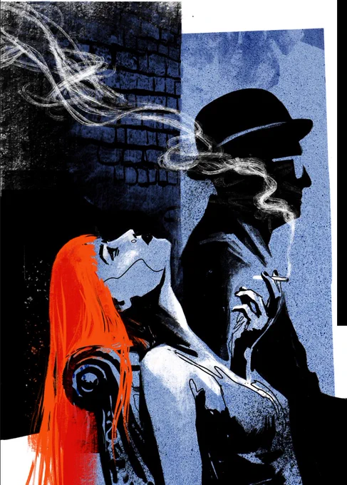 An image of a young Xenia smoking on a bench sitting alongside a gentleman with a bowler hat and glasses