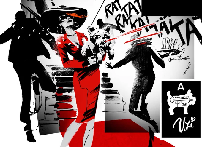 An image of Xenia with an oversized floppy-brimmed hat and a sharp form-fitting red dress. She's also holding a stuffed terrier that has an Uzi inside it and she is popping off shots.