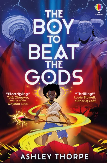 Book jacket with brightly coloured graphic of a young boy in blue and white clothes holding a glowing staff in the centre. On his flanks two eerie figures dressed in robes and elaborate headgear. Identifying text in white. 